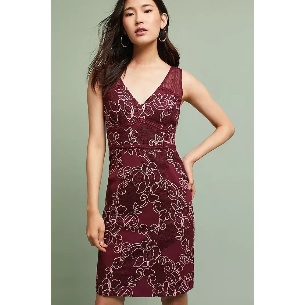 Anthropologie Embroidered Lace Pencil Dress NWT Sleeveless Cocktail Burgundy 10